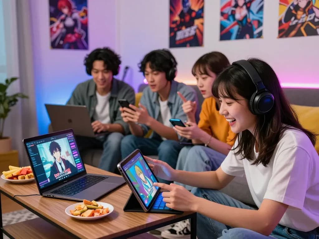 Engaging gamers playing sex games on various devices in a lively living room atmosphere.