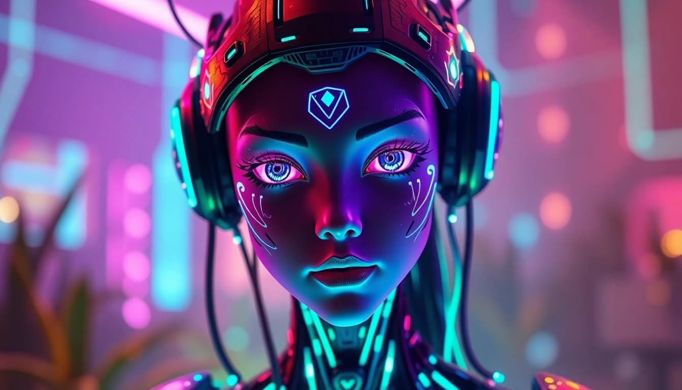 AI NSFW character in a futuristic digital landscape, vibrant neon colors.