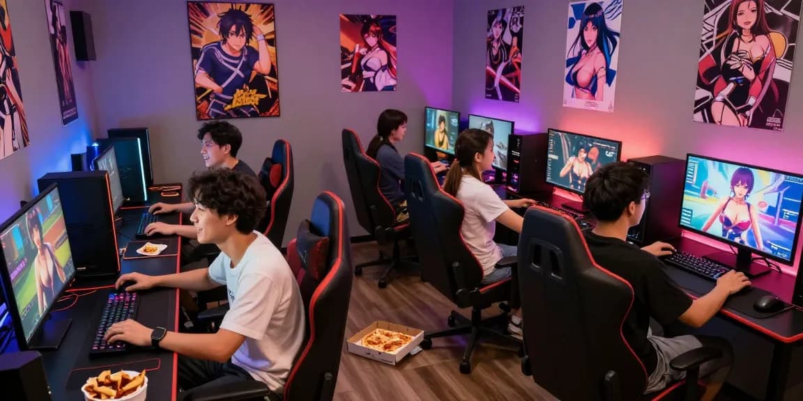 Group enjoying multiplayer hentai games in vibrant gaming lounge with snacks and LED lights.