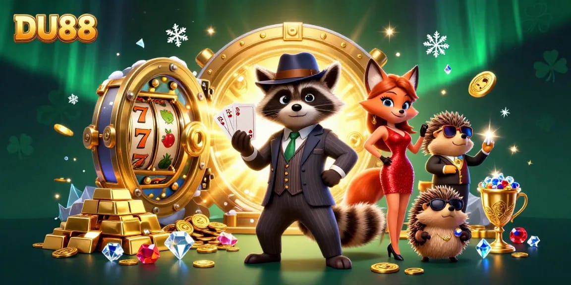 Experience DU88's winning atmosphere with a animated scene of casino fun featuring a royal flush.
