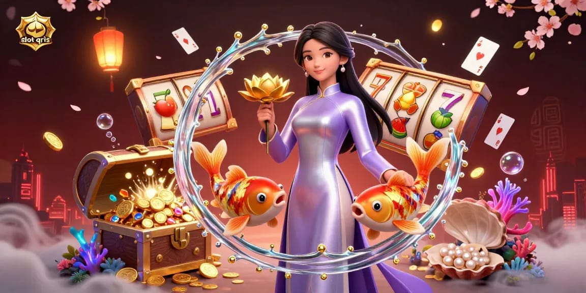 Engage with slot qris in an ultra-detailed casino illustration featuring dynamic characters and vibrant gaming elements.