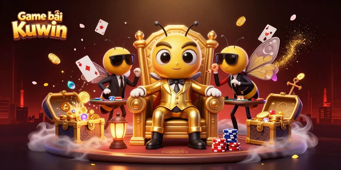 Experience Game bài Kuwin excitement with a 3D illustration of a bumblebee mob boss surrounded by poker action.