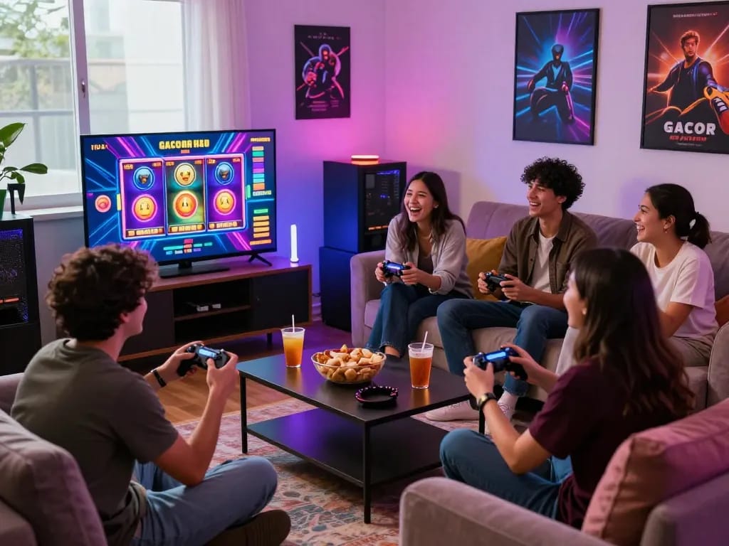 Teman-teman menikmati malam game dengan slot gacor hari ini di TV, camilan dan pengontrol menciptakan suasana yang hidup.
