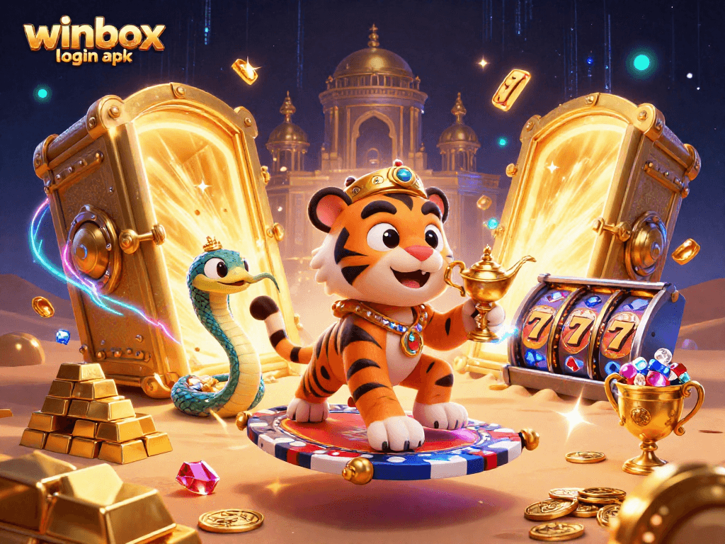 Engage in exciting gameplay with winbox login apk, featuring a vibrant casino scene of characters and gems.