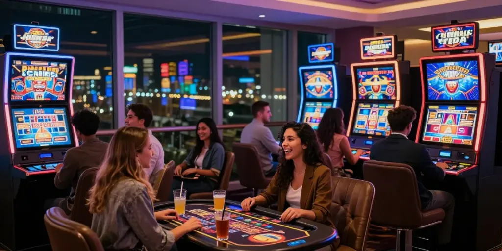 A vibrant casino scene with friends playing akunjp slot machines, showcasing excitement and camaraderie.