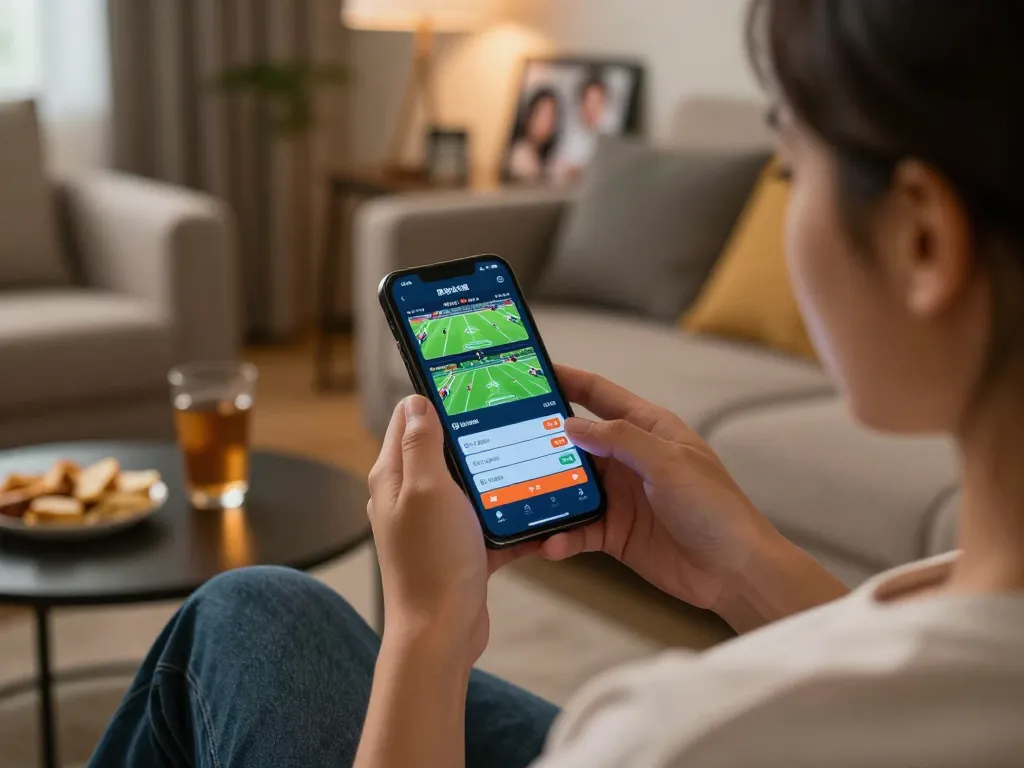 Person engaging with the SC88e sports betting app on smartphone, enjoying a relaxing home atmosphere.