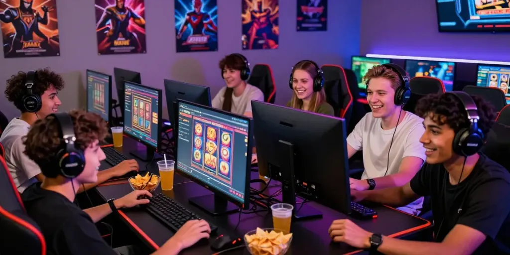 Group enjoying akunjp online gaming with vibrant atmosphere and snacks.