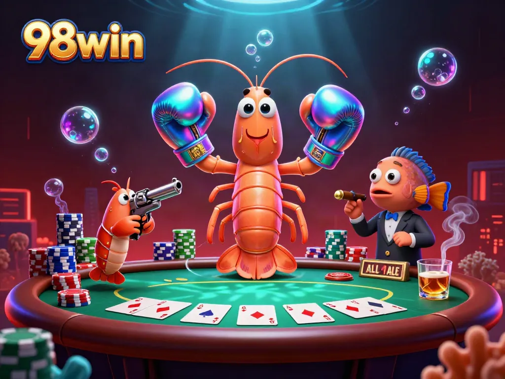 Experience thrilling action in 98win's vibrant casino scene with poker excitement and lively characters.