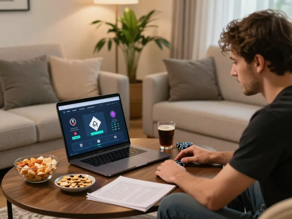 Leci123 players engaging in an online poker game at home, displaying strategy and excitement.