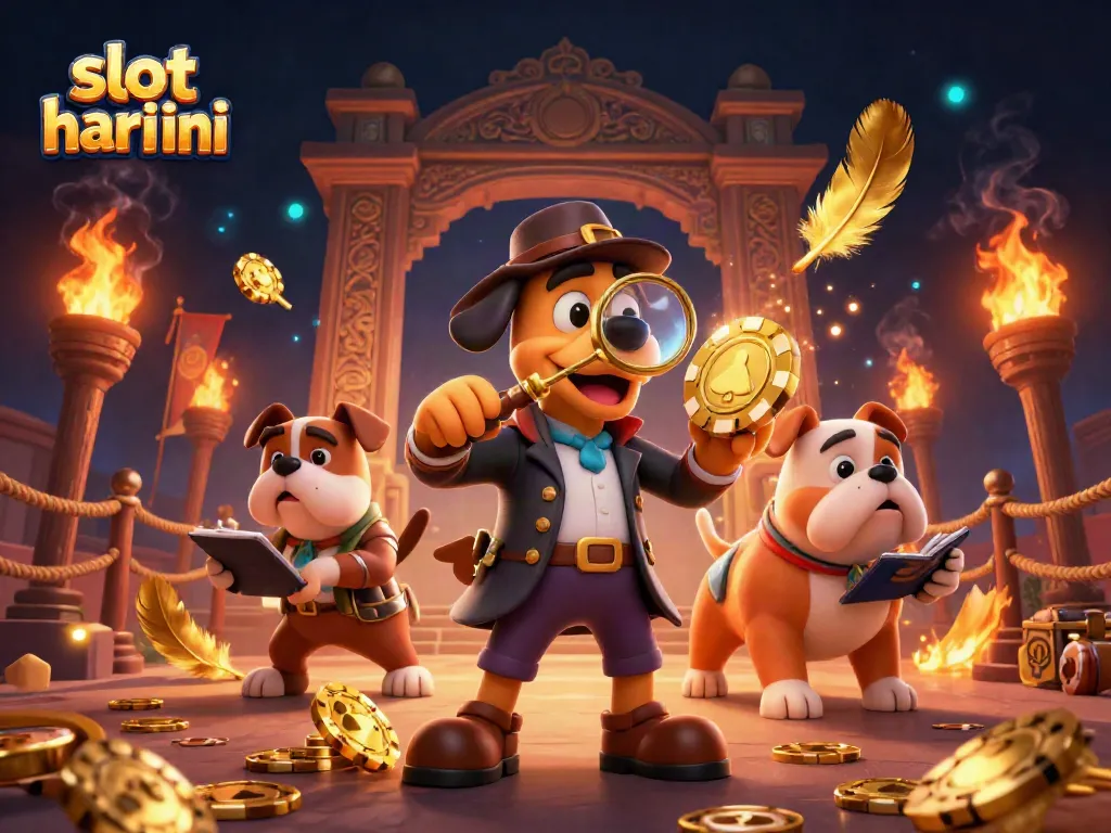 Menyaksikan slot hari ini dengan detektif 3D dan anjing bulldog yang mencatat petunjuk di dunia kasino.