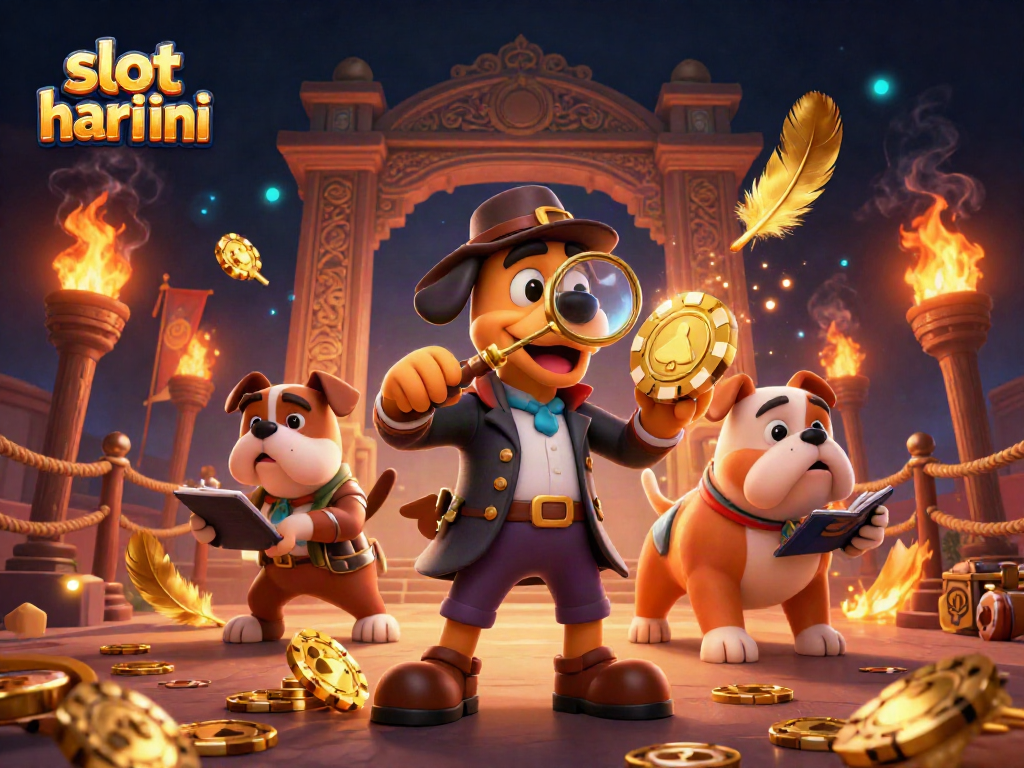 Menyaksikan slot hari ini dengan detektif 3D dan anjing bulldog yang mencatat petunjuk di dunia kasino.