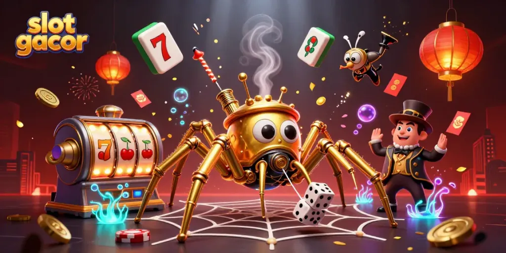 Ilustrasi 3D slot gacor menampilkan laba-laba steampunk yang menangkap dadu dengan latar belakang keceriaan kasino.