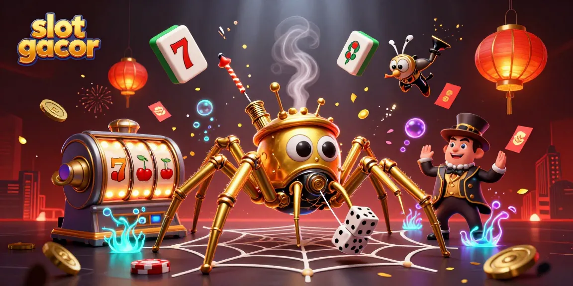 Ilustrasi 3D slot gacor menampilkan laba-laba steampunk yang menangkap dadu dengan latar belakang keceriaan kasino.