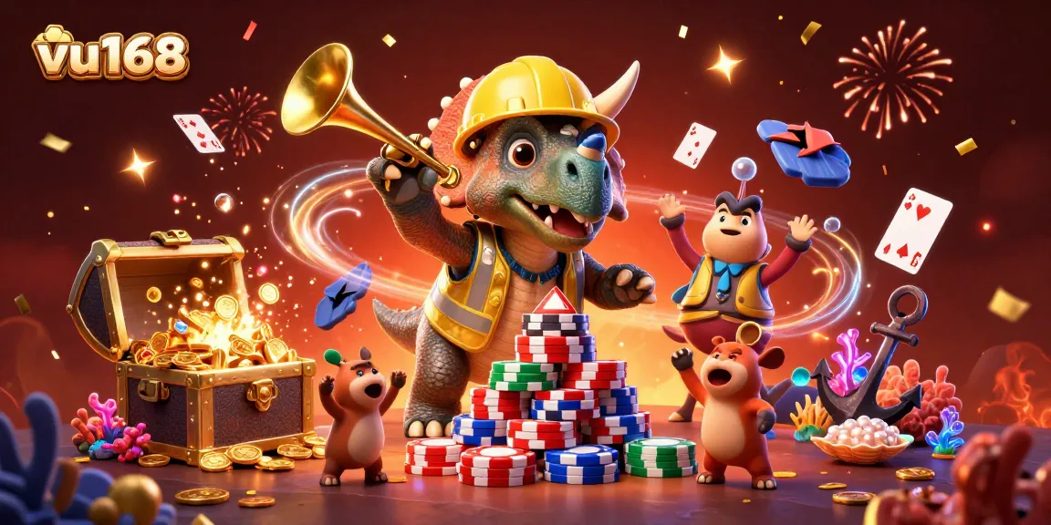 Win big with vu168 as a 3D triceratops builds a poker chip pyramid celebration.