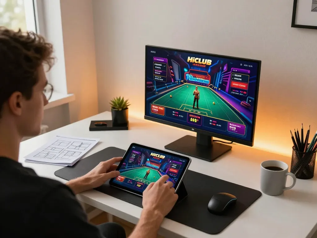 Engaging with hitclub casino app on tablet in a modern gaming setup, showcasing lively gameplay