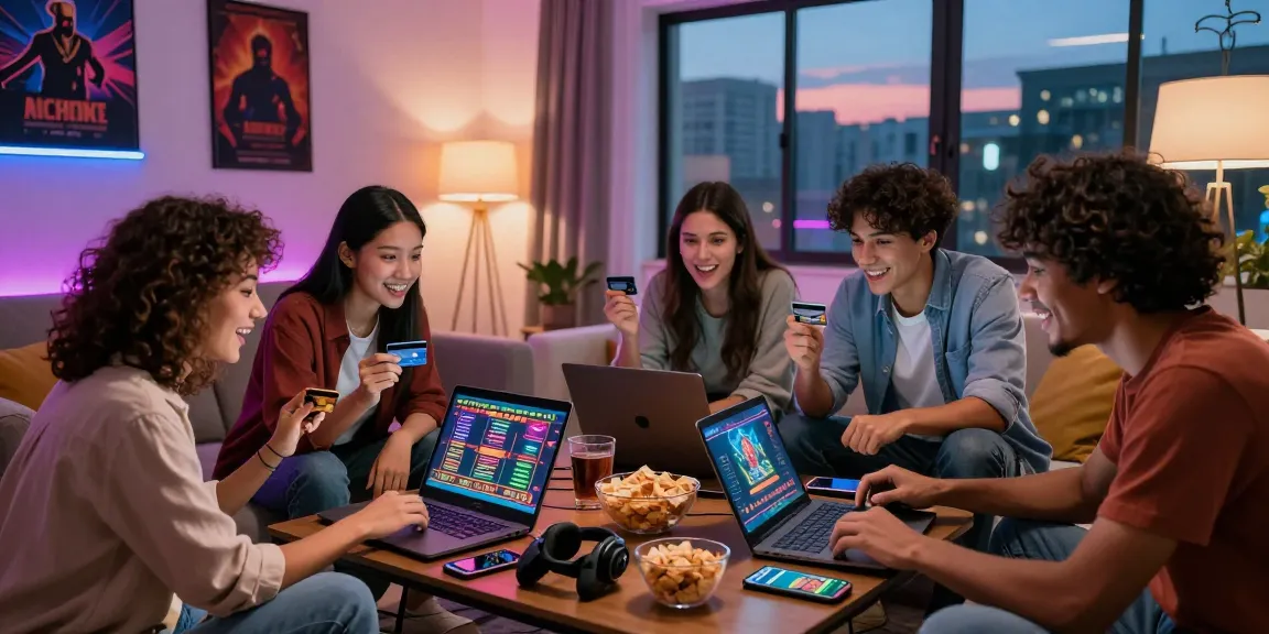 Friends enjoying online games at casinos that accept credit cards in a vibrant living room with a cozy atmosphere.