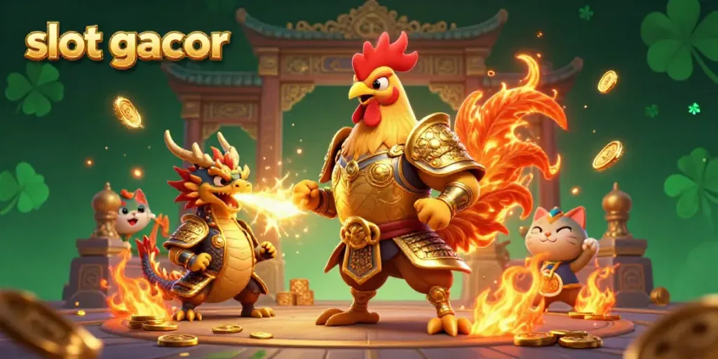 Engage in slot gacor excitement with a dynamic battle scene showcasing an armored rooster and dragon amidst swirling gold.