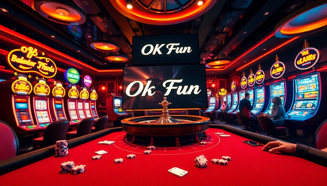 Playing dynamic games at OK Fun casino with poker chips and slot machines in vibrant ambiance.