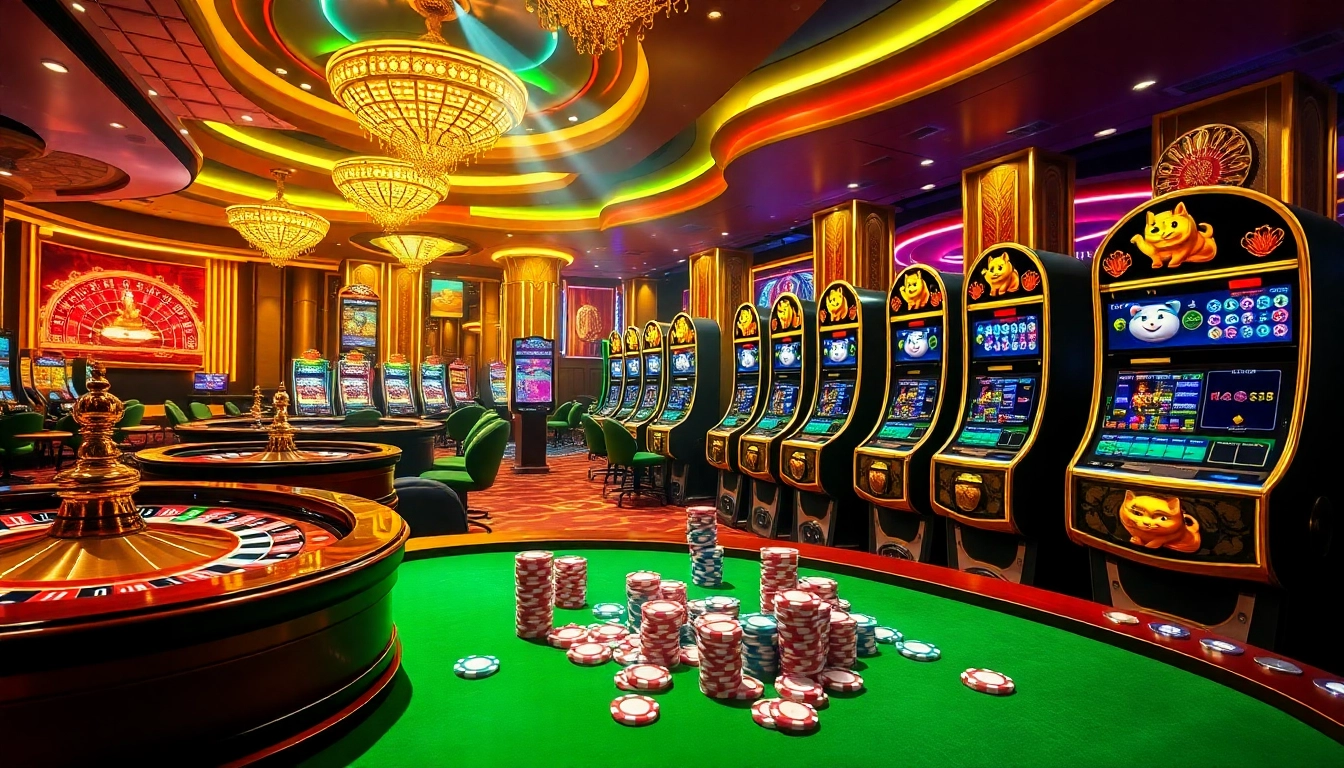 Experience the thrills of Lucky Neko PG Soft โปรโมชั่น at an exciting casino scene filled with vibrant slot machines and poker chips.