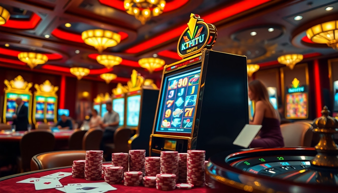 KTPJITU slot machine gameplay with vibrant poker chips and cards in an elegant casino setting.