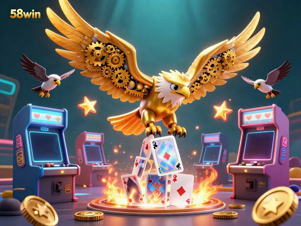 Dive into thrilling gameplay at 58win with a golden eagle soaring through holographic cards.