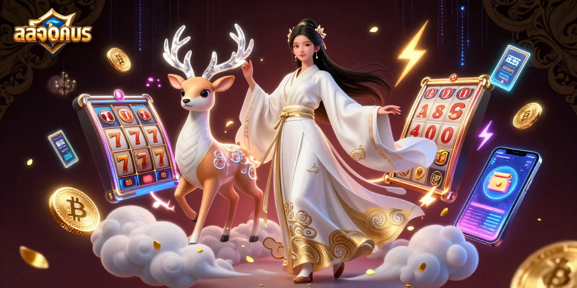 Experience สล็อตทดลอง with vibrant Asian-themed slot games and crypto elements in a rich, dynamic scene.