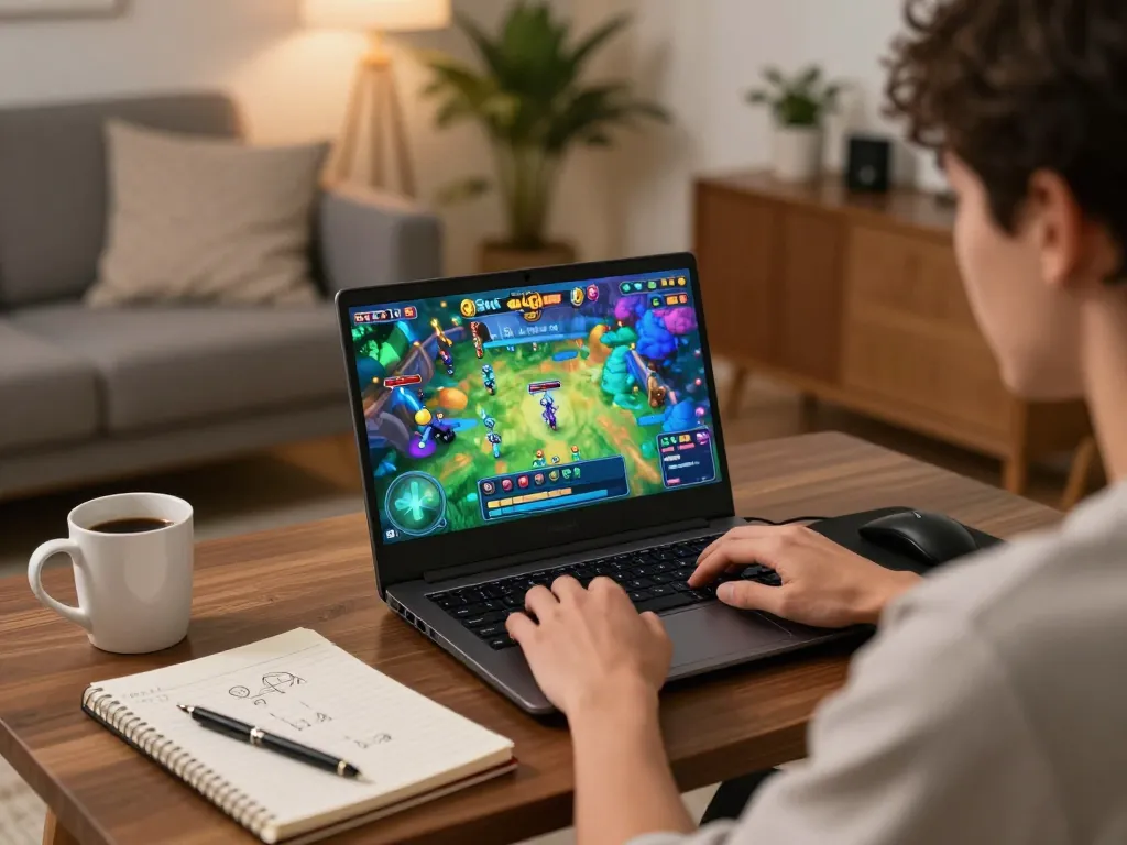 Player enjoying a Slot Gacor game on a laptop in a cozy home setup with strategic notes.