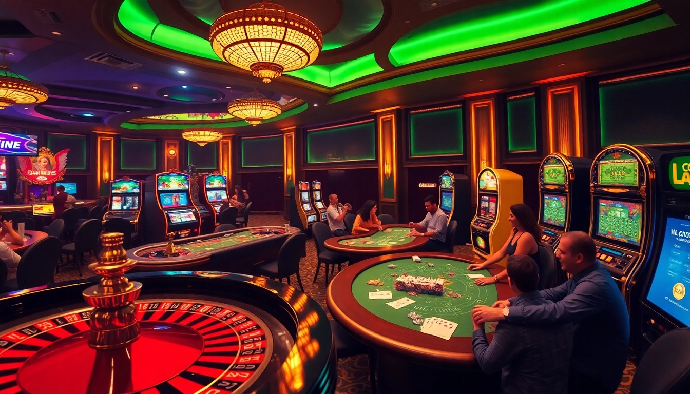 Experience exhilarating gaming at LC88, featuring roulette, poker, and slot machines in a vibrant casino atmosphere.