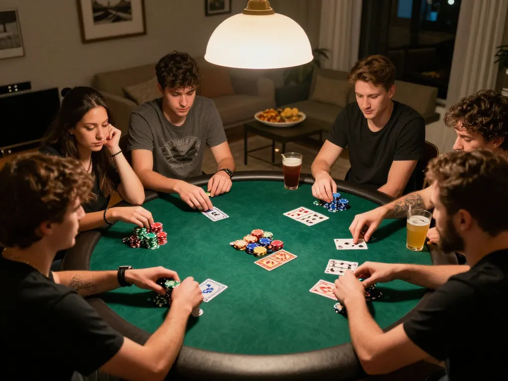 Friends engaging in a heated poker game at home, showcasing f168slot gameplay with vibrant chips and community cards.