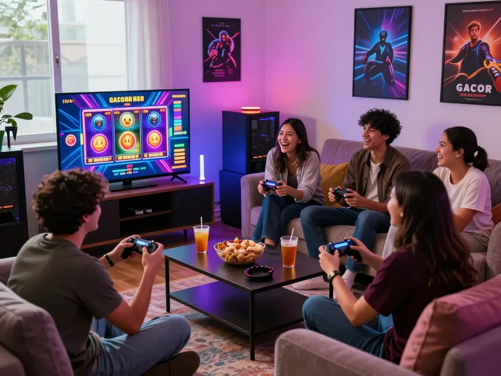 Teman-teman menikmati malam game dengan slot gacor hari ini di TV, camilan dan pengontrol menciptakan suasana yang hidup.