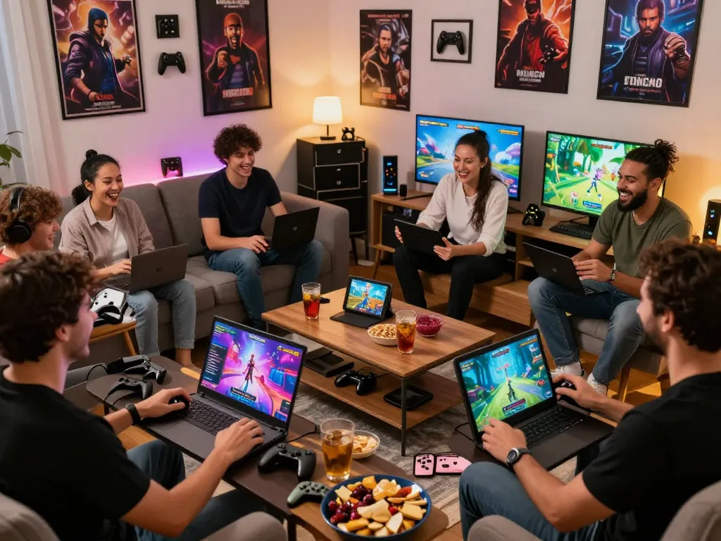 Engaged players immersed in various interactive porngames in a cozy living room setting.