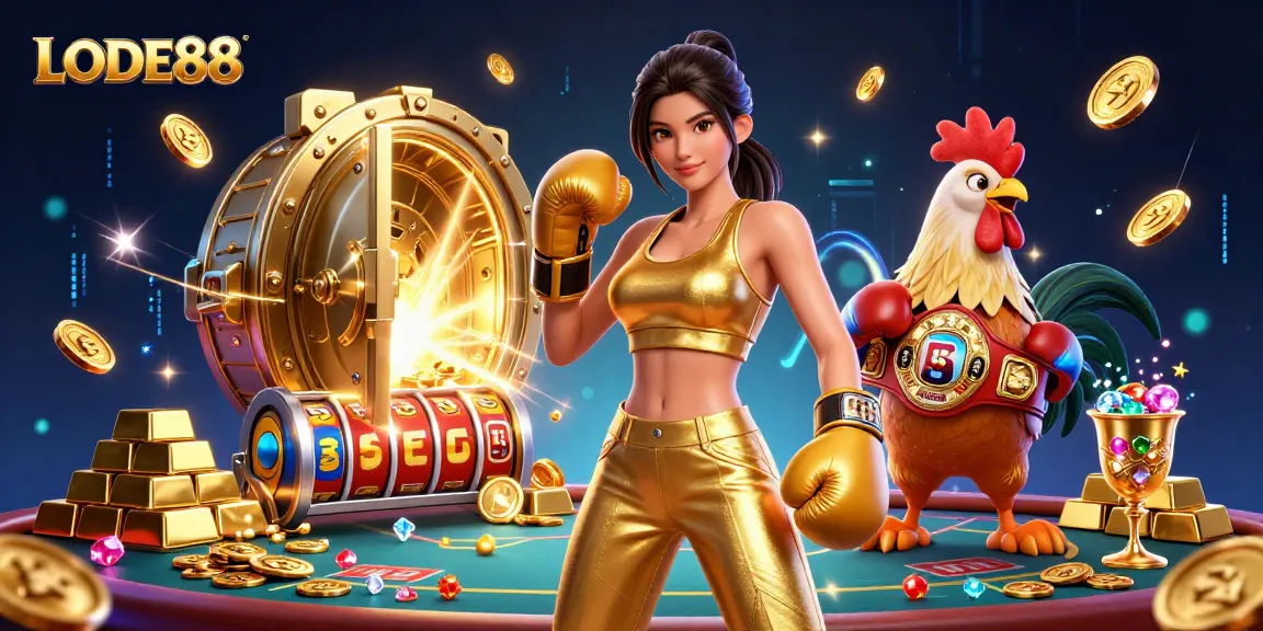 Experience the excitement of LODE88 with a vibrant battle scene featuring champions, jackpots, and casino elements.