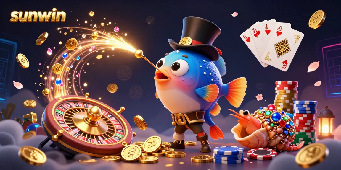 Engage with sunwin's 3D illustration as the anglerfish attracts golden coins under mystical lights in a casino scene.