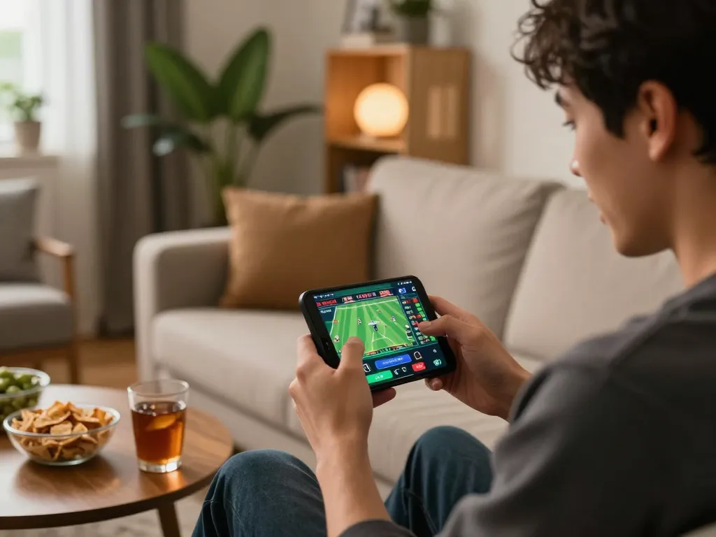 Betting excitement with uu88 as a person engages in mobile sports betting from a cozy home setup