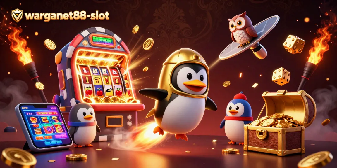 A vibrant scene showcasing warganet88-slot's exciting gameplay with a golden penguin, slot machine explosion, and casino elements.