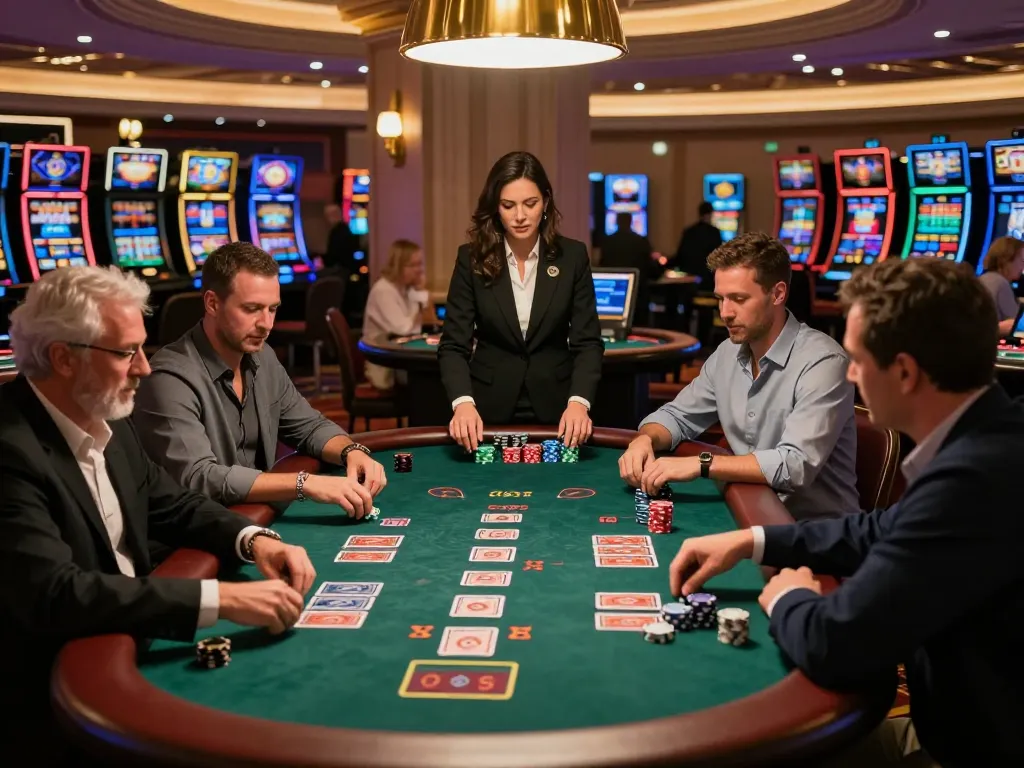 Players engaging in strategic blackjack gameplay at ATQ casino, vibrant atmosphere with chips and cards.