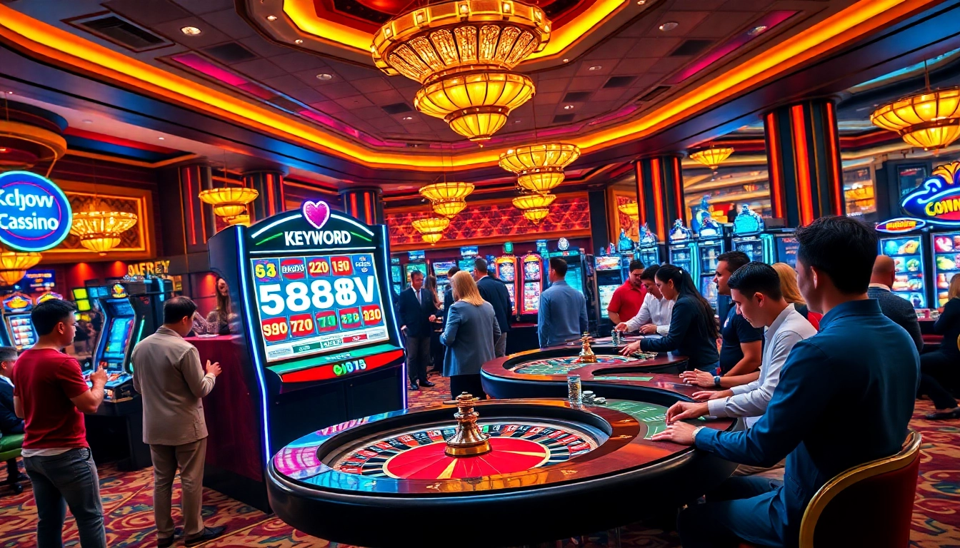 Players enjoy high-stakes games at the vibrant 688v casino, showcasing slot machines and roulette tables.