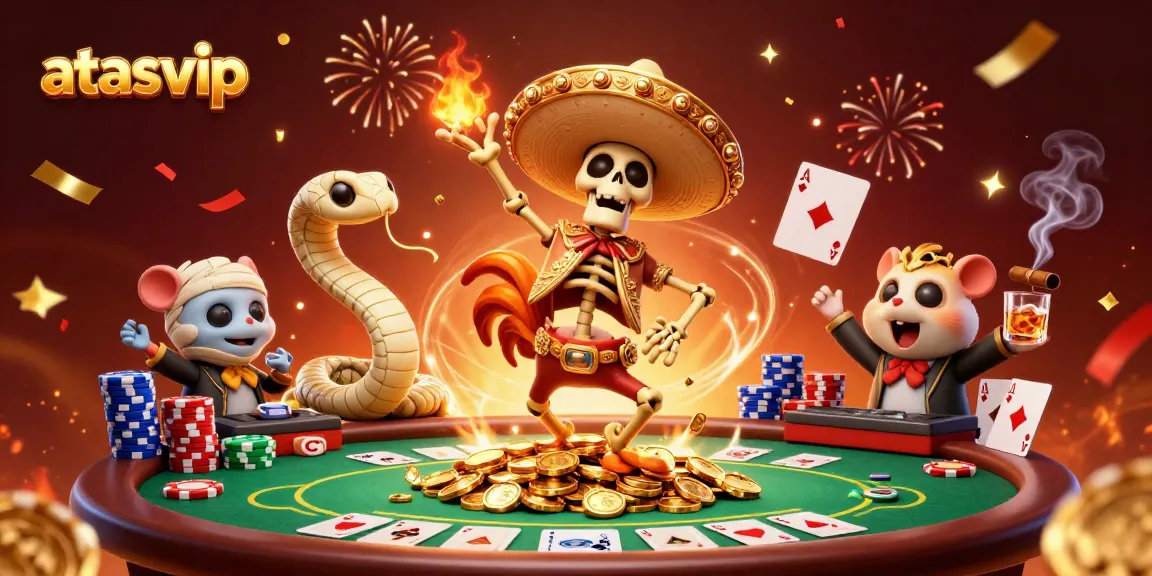 Win big with atasvip in a lively casino scene featuring a mariachi rooster, mummy snake, and DJ hamster.