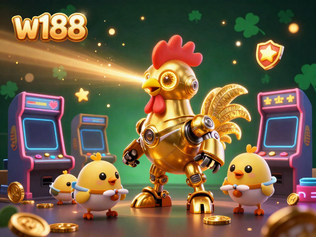 Engage with the world of gaming at w188 with a vibrant, dynamic scene featuring a futuristic golden rooster robot and chick drones amidst arcade games and casino elements.