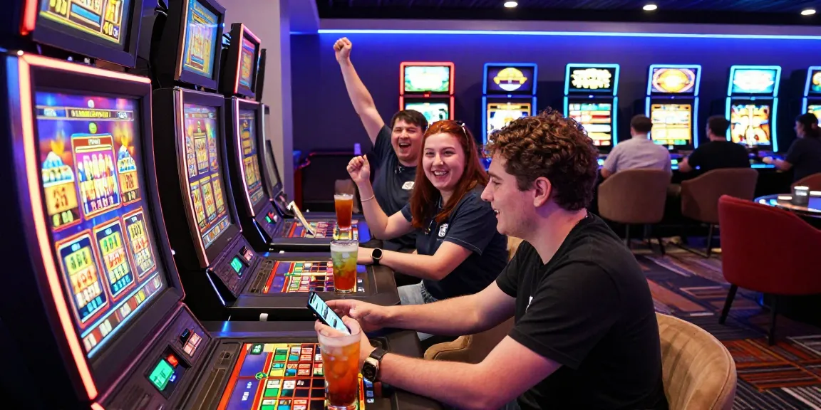 Excited players enjoying bonus buy slots UK at a lively online casino, capturing vibrant gaming experience and social atmosphere.