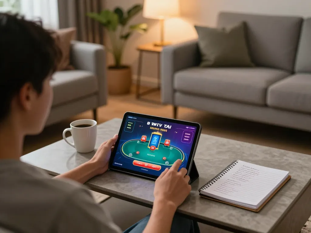 Pengguna Kenzototo terlibat dalam permainan online, tablet menampilkan antarmuka poker di ruang tamu yang nyaman.