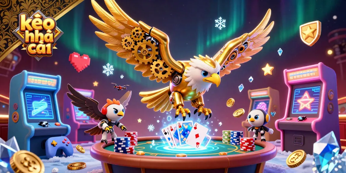 Engage with kèo nhà cái as a golden eagle dives through holographic cards in a vibrant casino scene.
