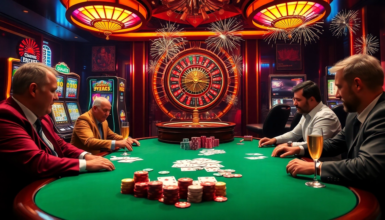 Gambling excitement at BRO138 with poker and slot machines in a festive New Year atmosphere.