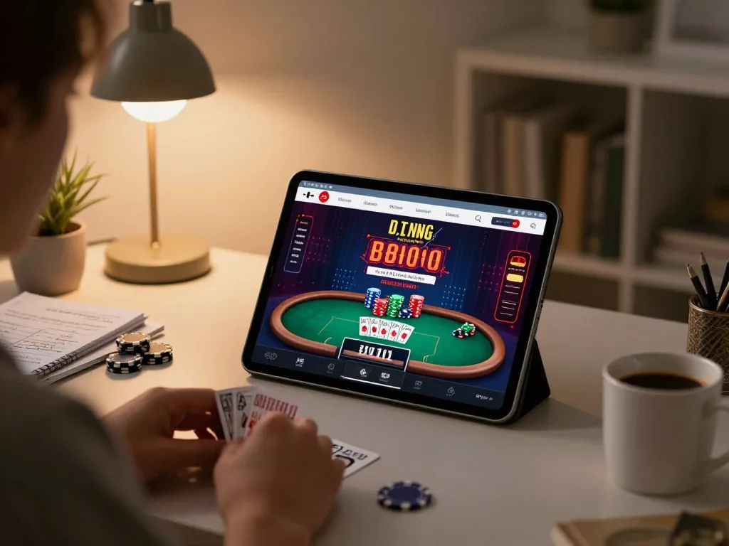 Engaging online poker game on 56WIN tablet, highlighting dynamic gameplay.