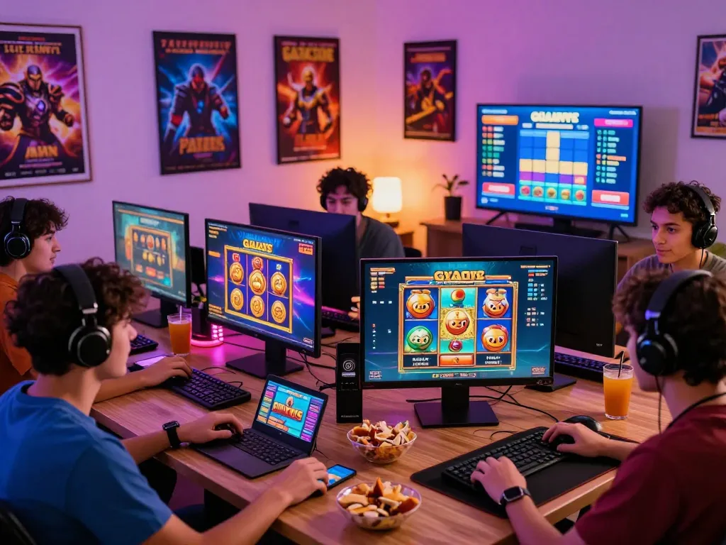 Exciting online gaming experience with players enjoying slot gacor games in a vibrant home setting.