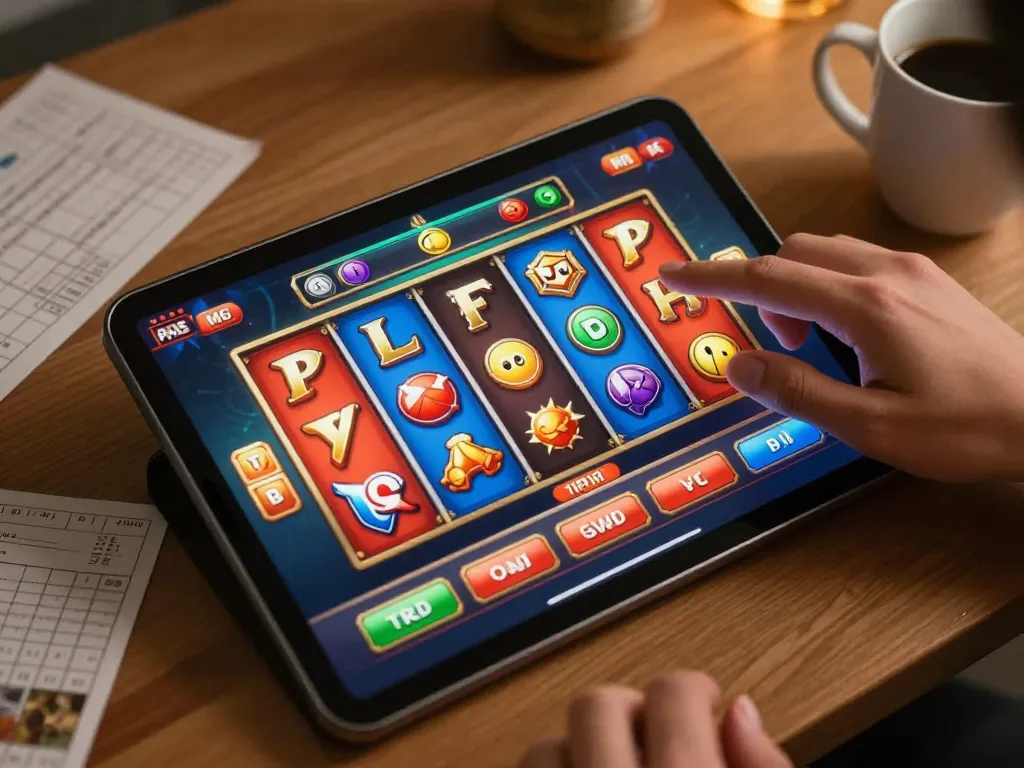 Engaging online gaming scene featuring slots not on gamstop on a tablet, cozy home atmosphere.