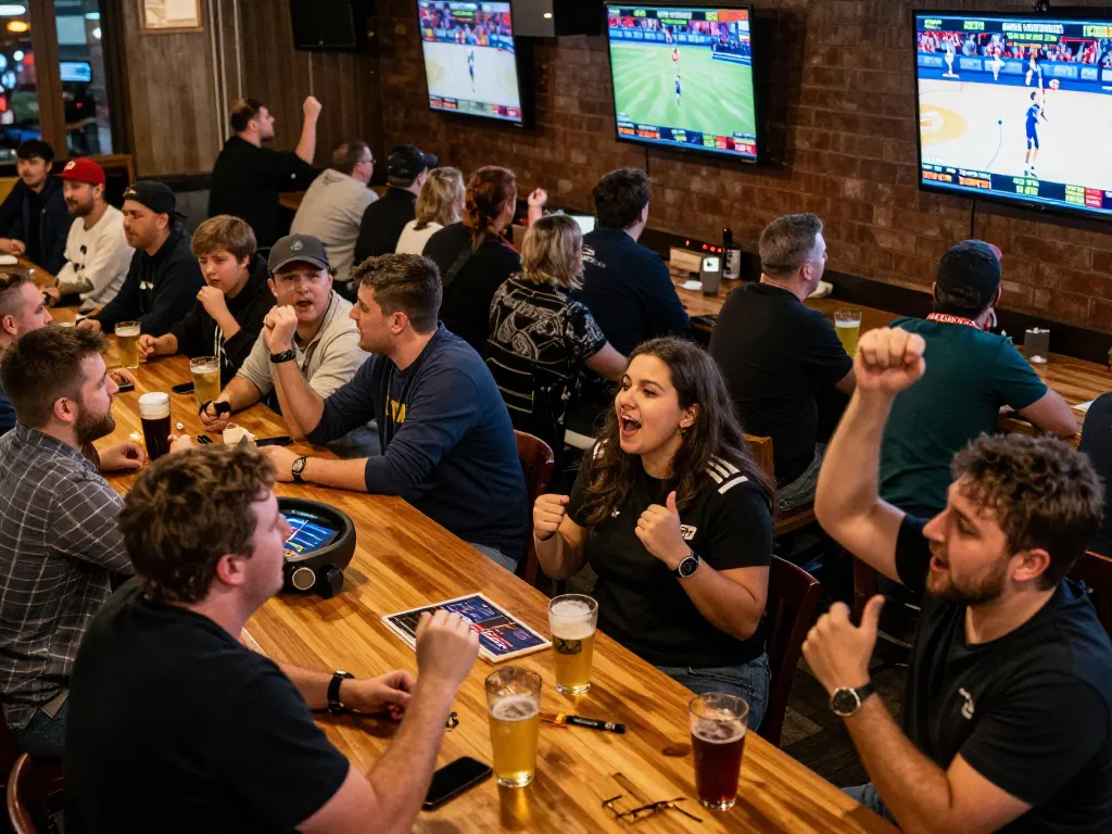 Fans actively betting on cm88 sportsbook while enjoying games at a lively sports bar, capturing excitement and energy