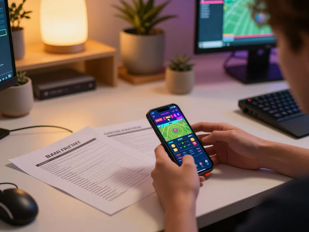 Engaging in m120 sports betting on a smartphone, surrounded by notes for better bankroll management