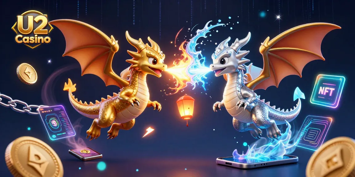 Engaging scene illustrating U2 Casino with cartoon dragons and crypto elements in a vibrant digital environment.