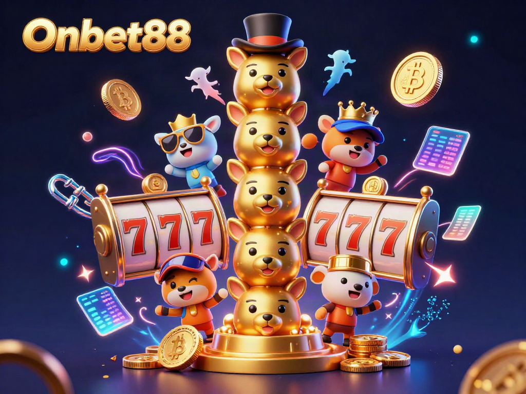 Engage with Onbet88 through a vibrant 3D casino scene showcasing a golden totem, slot reels, and cryptocurrencies.